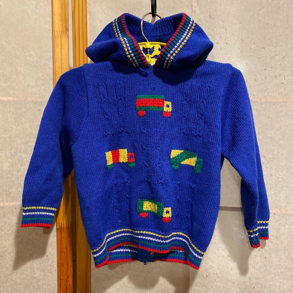Baby Kisses24M  Royal Blue Knit‎ Hoodie Sweater Trucks Applique